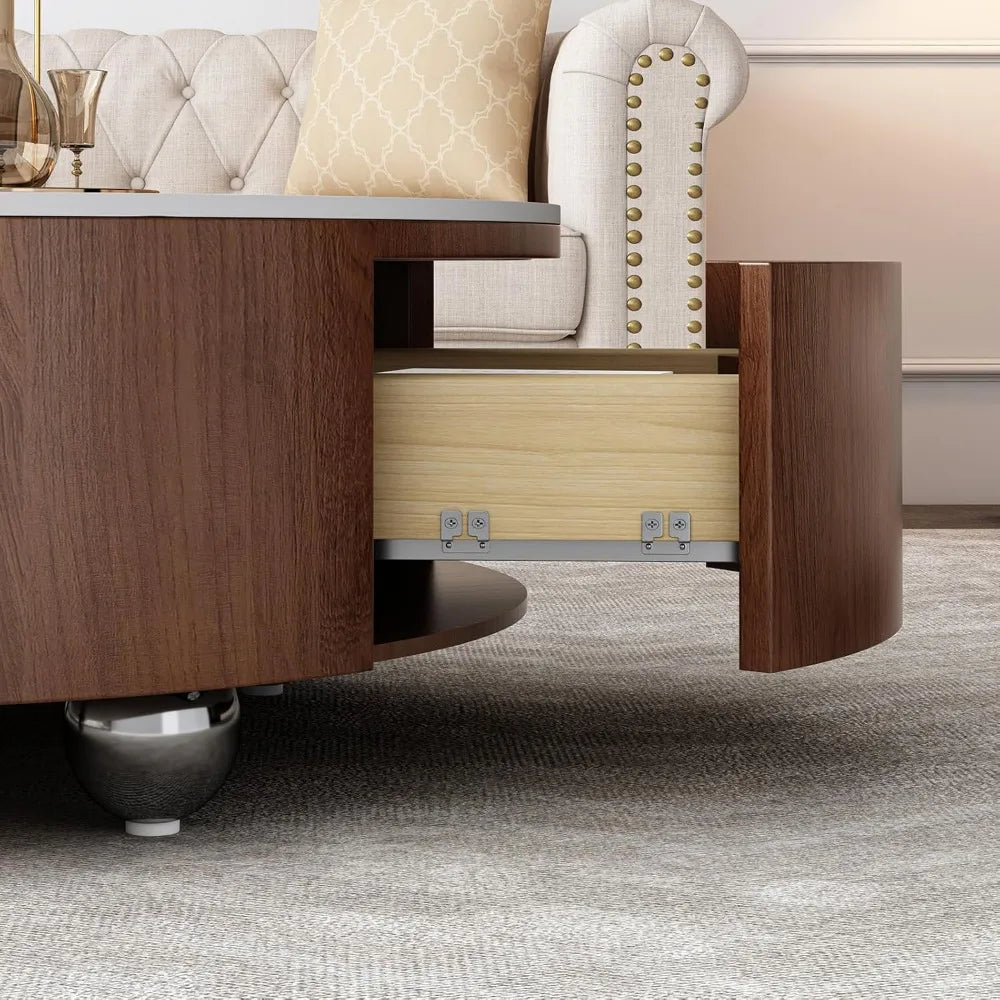 35.4-Inch Mid-Century Modern Marble Top Coffee Table with Drawers | Round Design | Solid Walnut Wood | Fully Assembled