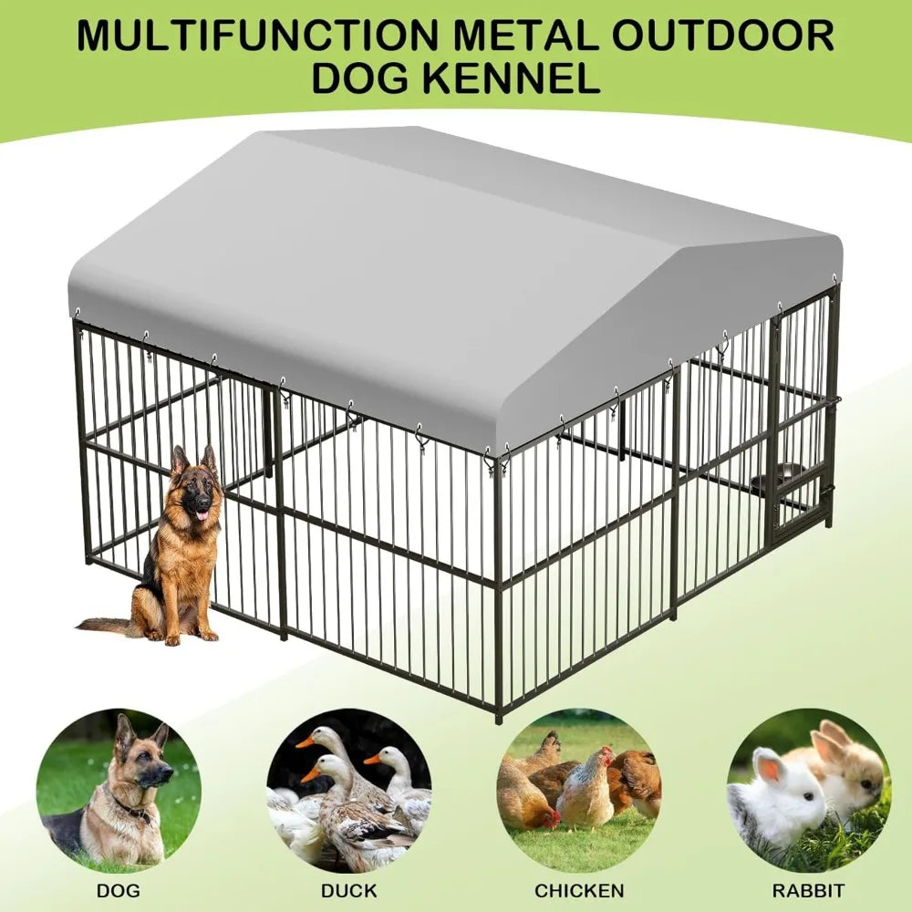 Large Outdoor Dog Kennel - 10x10x6 Feet, Heavy Duty Cage with Lock, Waterproof Roof, and Swivel Stainless Steel Feeding Bowl