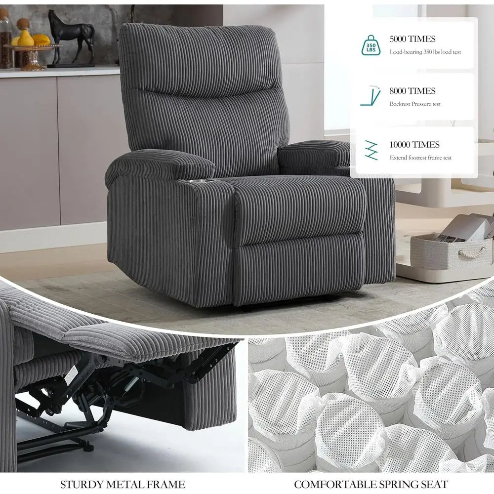Oversized Grey Corduroy Recliner Chair with Pull Ring, 3-Position 140° Recline for Living Room, Nursery, RV, and Office