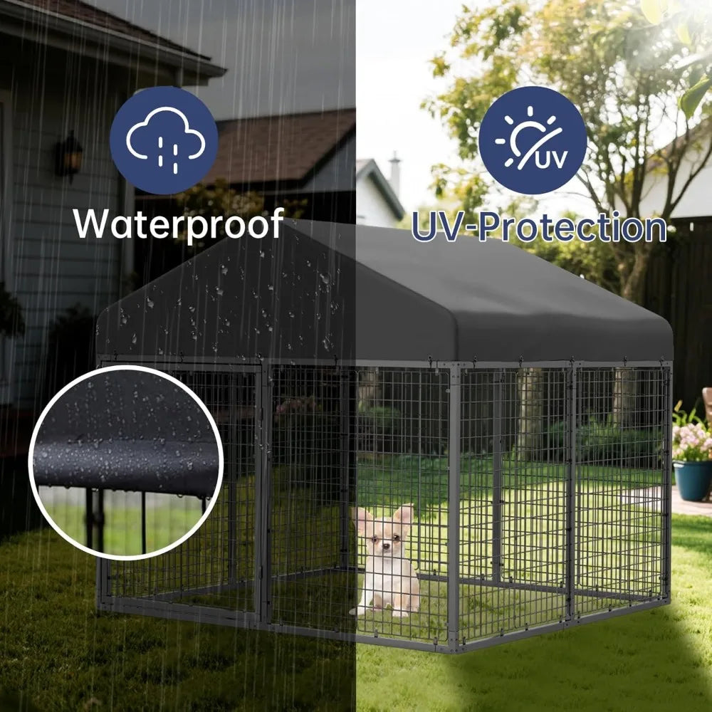 Sturdy Outdoor Dog Enclosure with Roof and Double Locks - Galvanized Steel Kennel (79W x 79D)