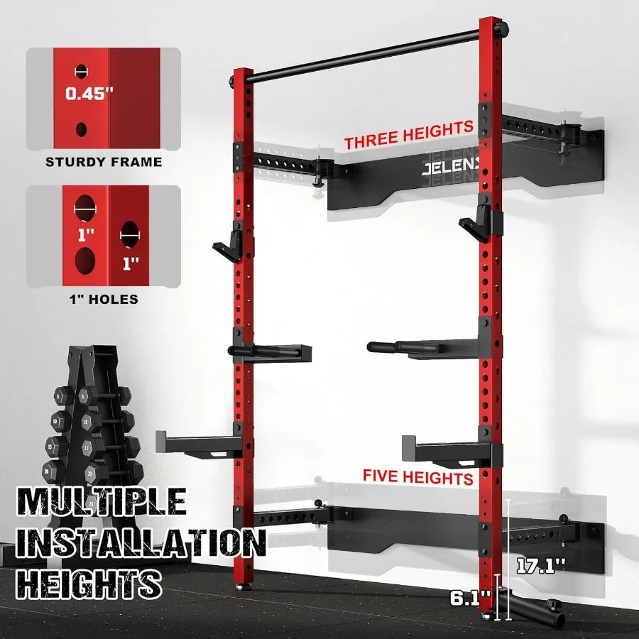 Wall Mounted Folding Squat Rack for Home Gym: SpaceSaving MultiFunctional Power Cage with Attachments for Strength Training Adj