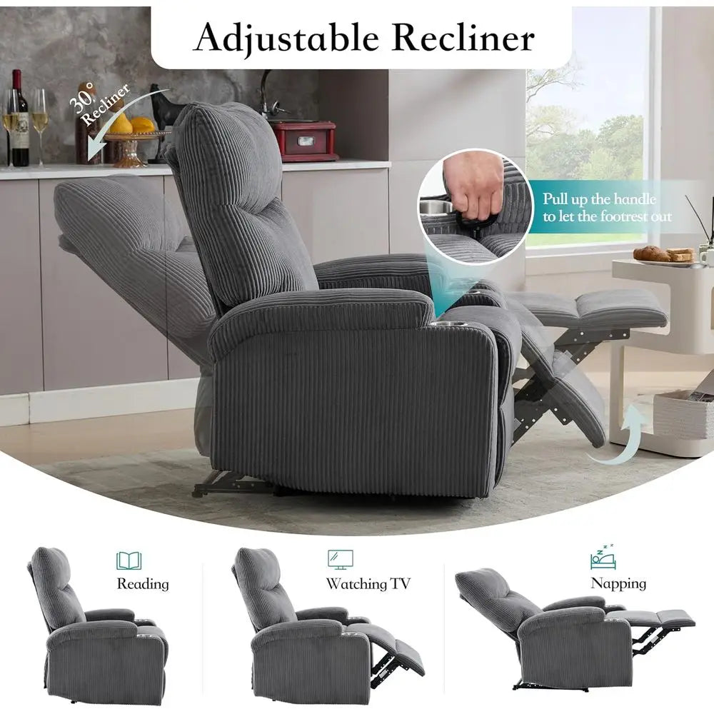 Oversized Grey Corduroy Recliner Chair with Pull Ring, 3-Position 140° Recline for Living Room, Nursery, RV, and Office