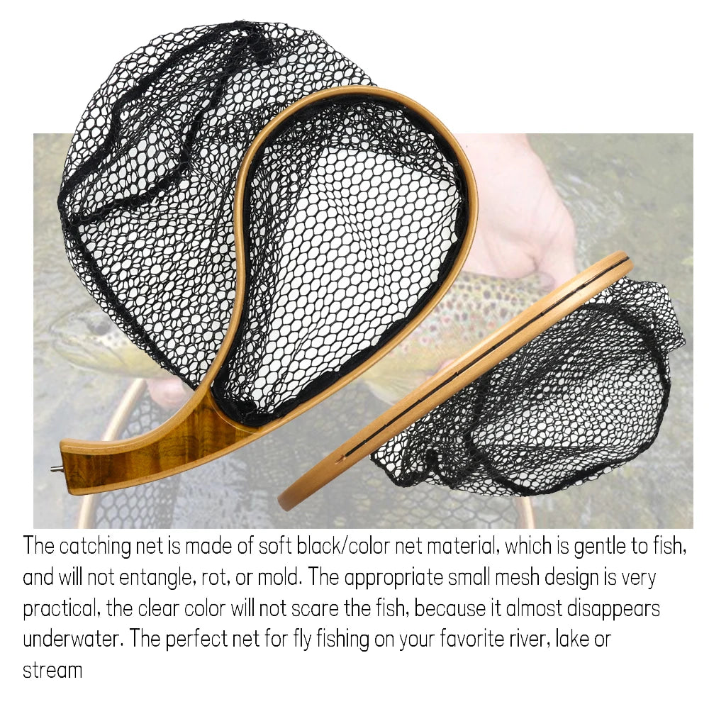 Portable Solid Wood Fly Fishing Landing Net Trout Catch and Release Net Quality Wooden Stream Fishing Net Tackle Tool