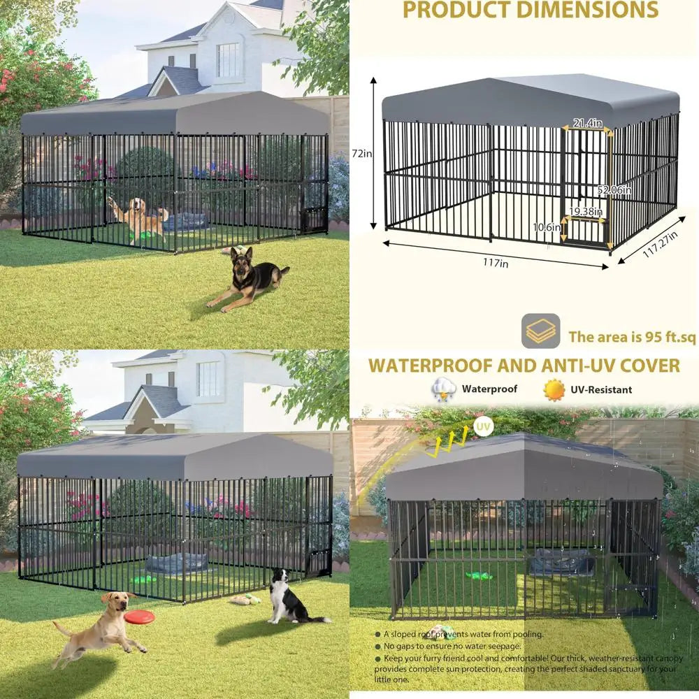 Large Outdoor Dog Cage - 10x10x6 Heavy-Duty Rust-Proof Galvanized Steel Kennel Enclosure with Barrier Fence for Secure Outdoor L