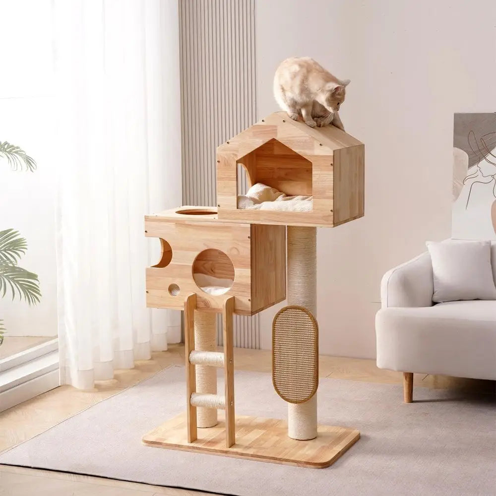 SHENGOCASE Modern Real Solid Rubber Wood Large Cat Tree Tower Castle with Big Enclosed Bed, House Condo, Scratching Post and Sis