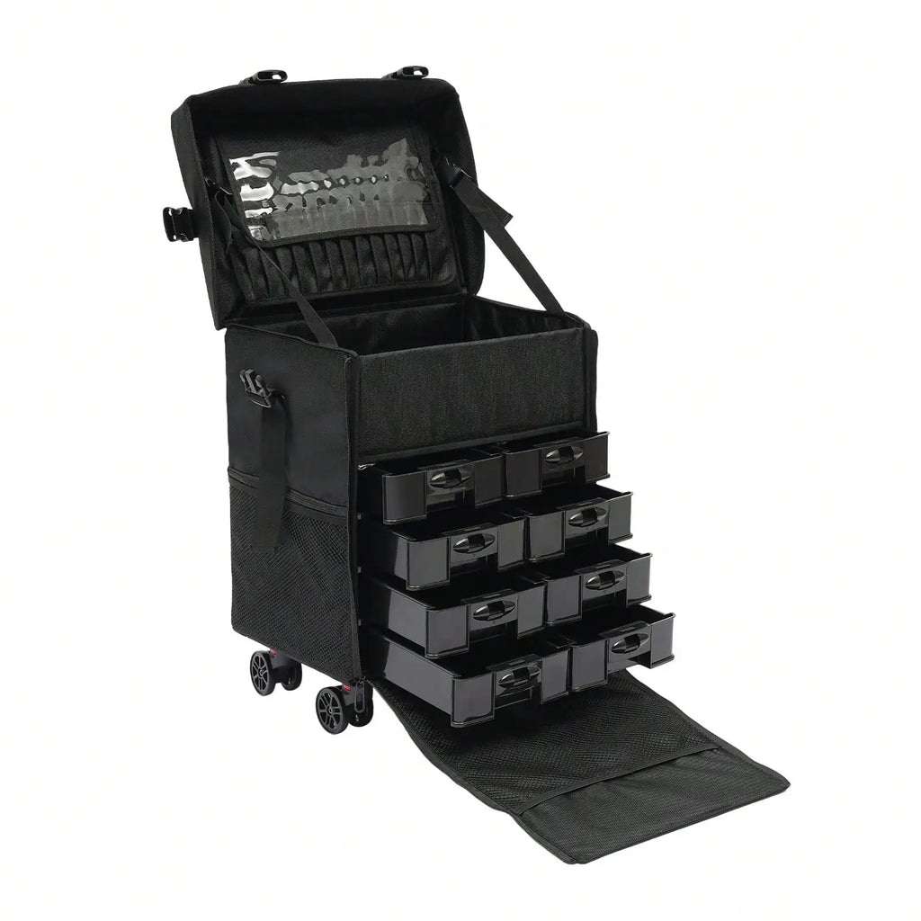 Professional Rolling Makeup Case w/ 8 Removable Drawers & 360° Wheels | Multi-Layer Cosmetic Trolley Black for Bridal MUA Travel