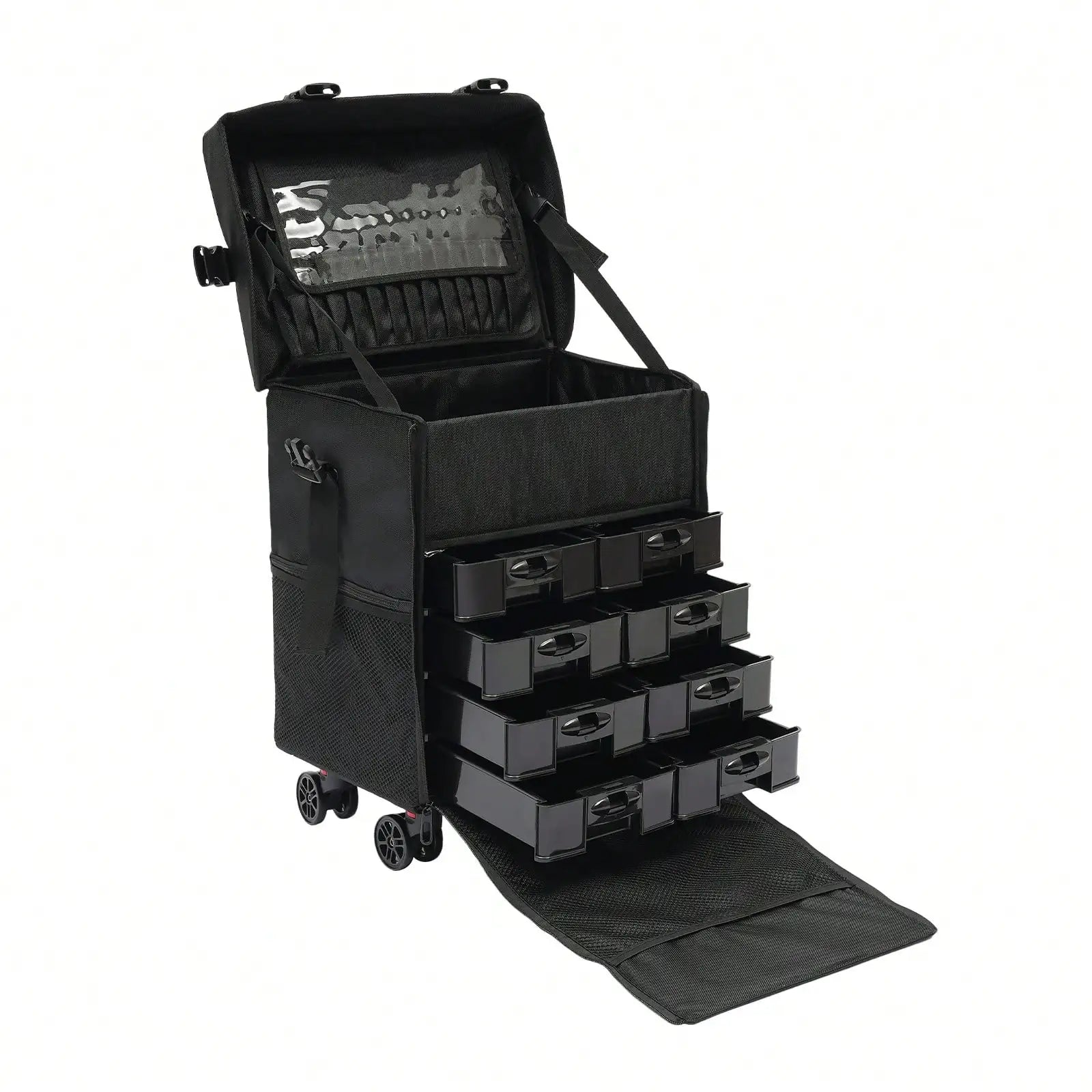 Professional Rolling Makeup Case w/ 8 Removable Drawers & 360° Wheels | Multi-Layer Cosmetic Trolley Black for Bridal MUA Travel
