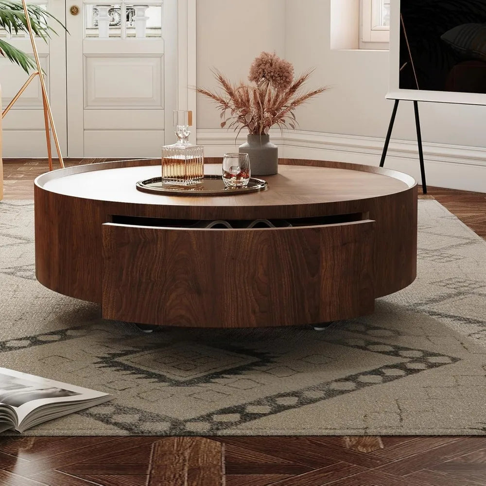 35.4" Mid-Century Modern Walnut Coffee Table with Storage Drawers | Fully Assembled | Round Corners | Elegant & Durable