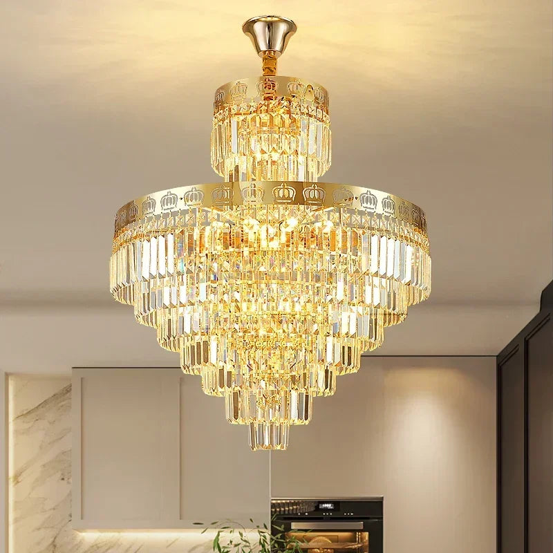 Duplex Villa with Hollow Decoration Living Room Crystal Light Jumping Floor Mid Floor Light Luxury Crystal Staircase Light