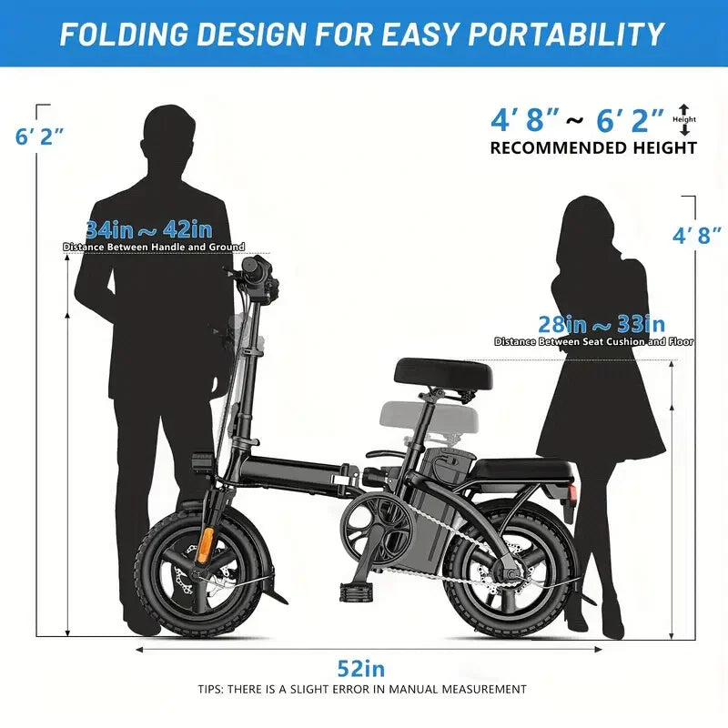 14" Folding Electric Motorcycles E Bike For Adults, 450W Peak Motor Ebike 19Mph 21Miles 48V 10.4AH Electric Mountain Bicycle