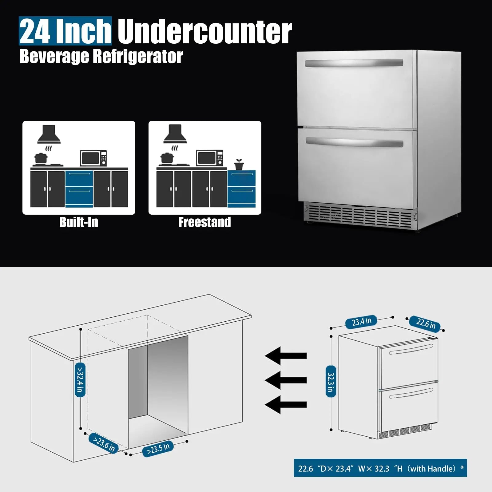 HCK 24 Inch Under Counter Double Drawer Fridge, Stainless Steel Outdoor Beverage Refrigerator for Patio, Built-in Beverage Fridg