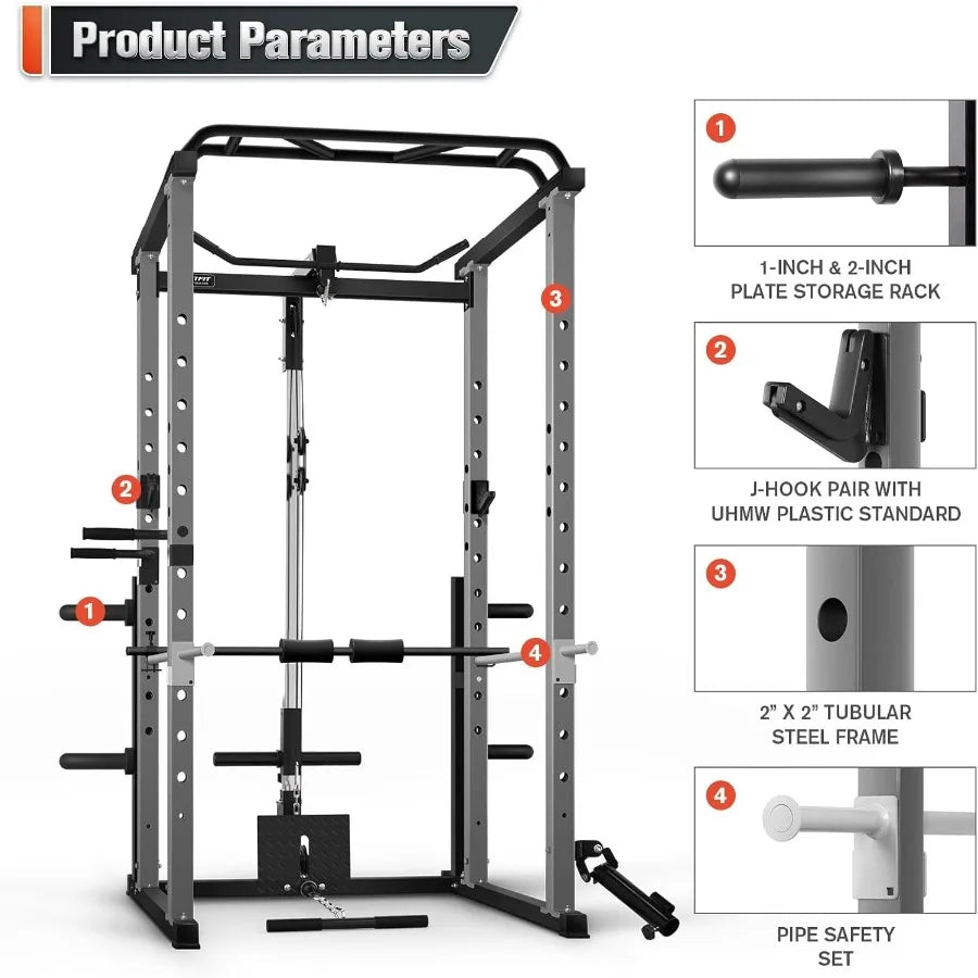 Power Cage, 1000LB Squat Rack for Home & Garage Gym, with Weight Storage Rack and More Training Attachments