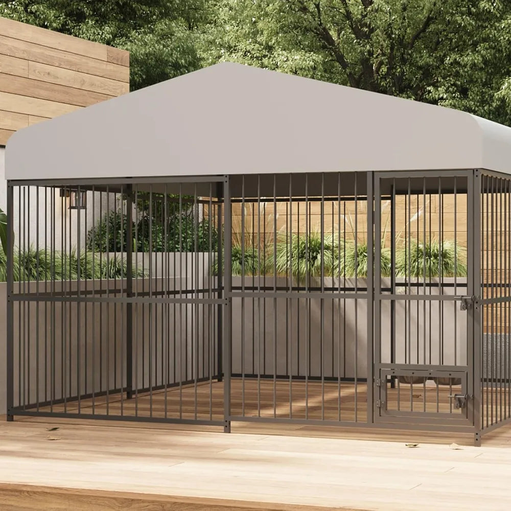 Large Outdoor Dog Kennel - 10x10x6 Feet, Heavy Duty Cage with Lock, Waterproof Roof, and Swivel Stainless Steel Feeding Bowl