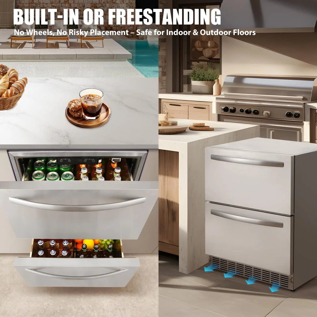 HCK 24 Inch Under Counter Double Drawer Fridge, Stainless Steel Outdoor Beverage Refrigerator for Patio, Built-in Beverage Fridg