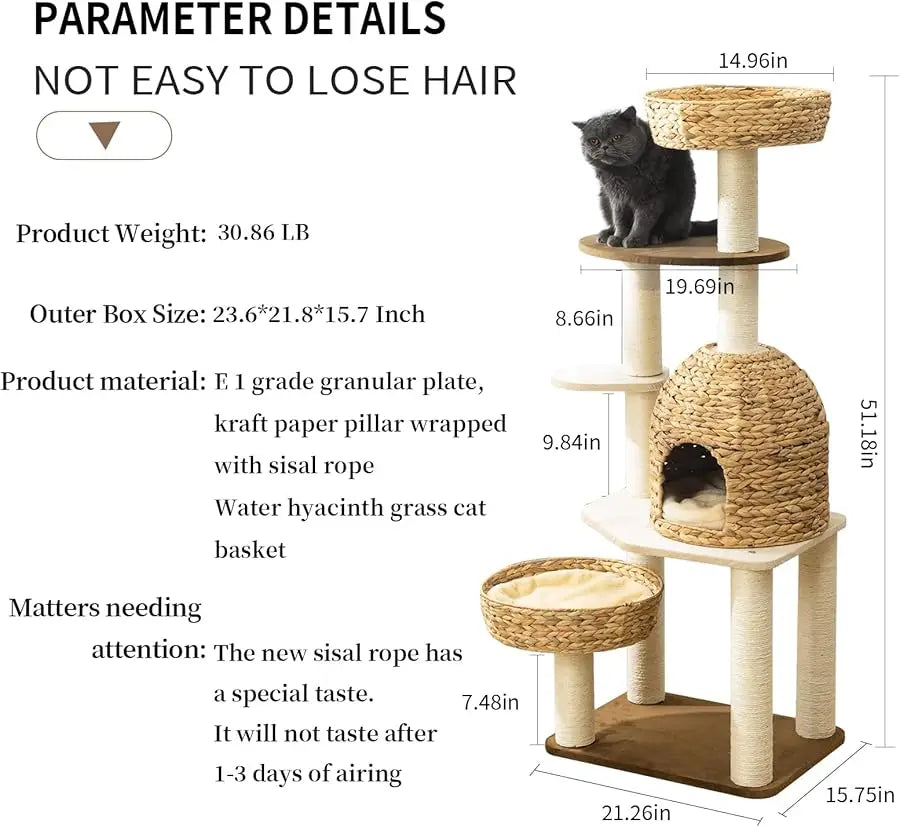 Large Wood Cat Tree Tower for Indoor Cats, Multi-Cats Scratching Post & Cat Condo with Handwoven Cat House Basket, Thick Sisal P