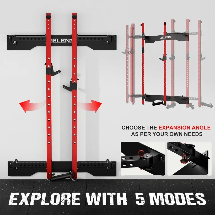 Wall Mounted Folding Squat Rack for Home Gym: SpaceSaving MultiFunctional Power Cage with Attachments for Strength Training Adj