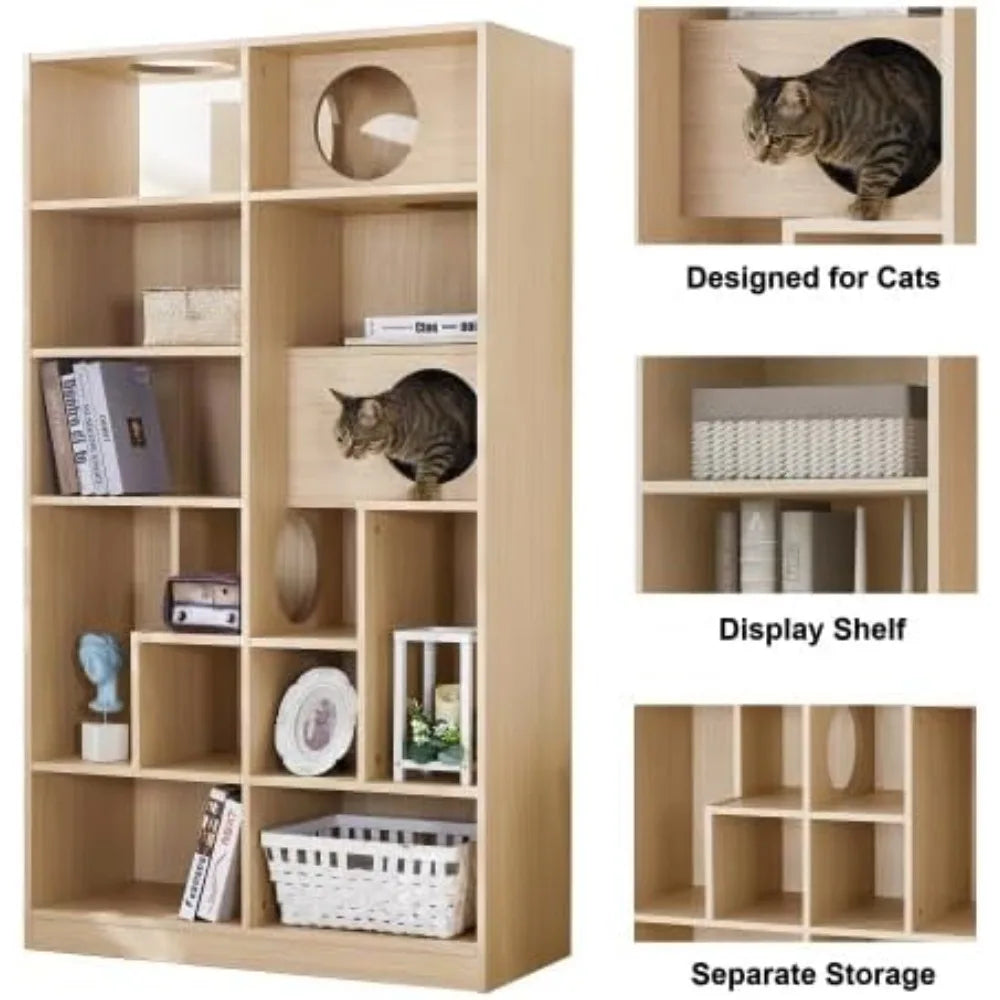 63 Cat Tree and Bookshelf Combo, Dual-Purpose Wooden Cat Tower with Litter Box Enclosure and Storage, Sleek Modern Design