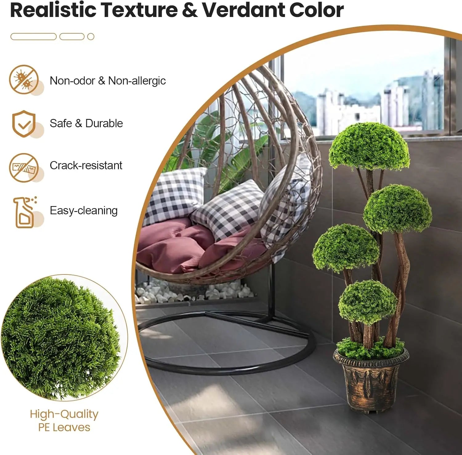 Artificial Cypress Topiary Ball Tree, 2 Pack 3 Ft Tall Artificial Plant, Indoor/Outdoor Topiary Trees with Golden Cement Pot