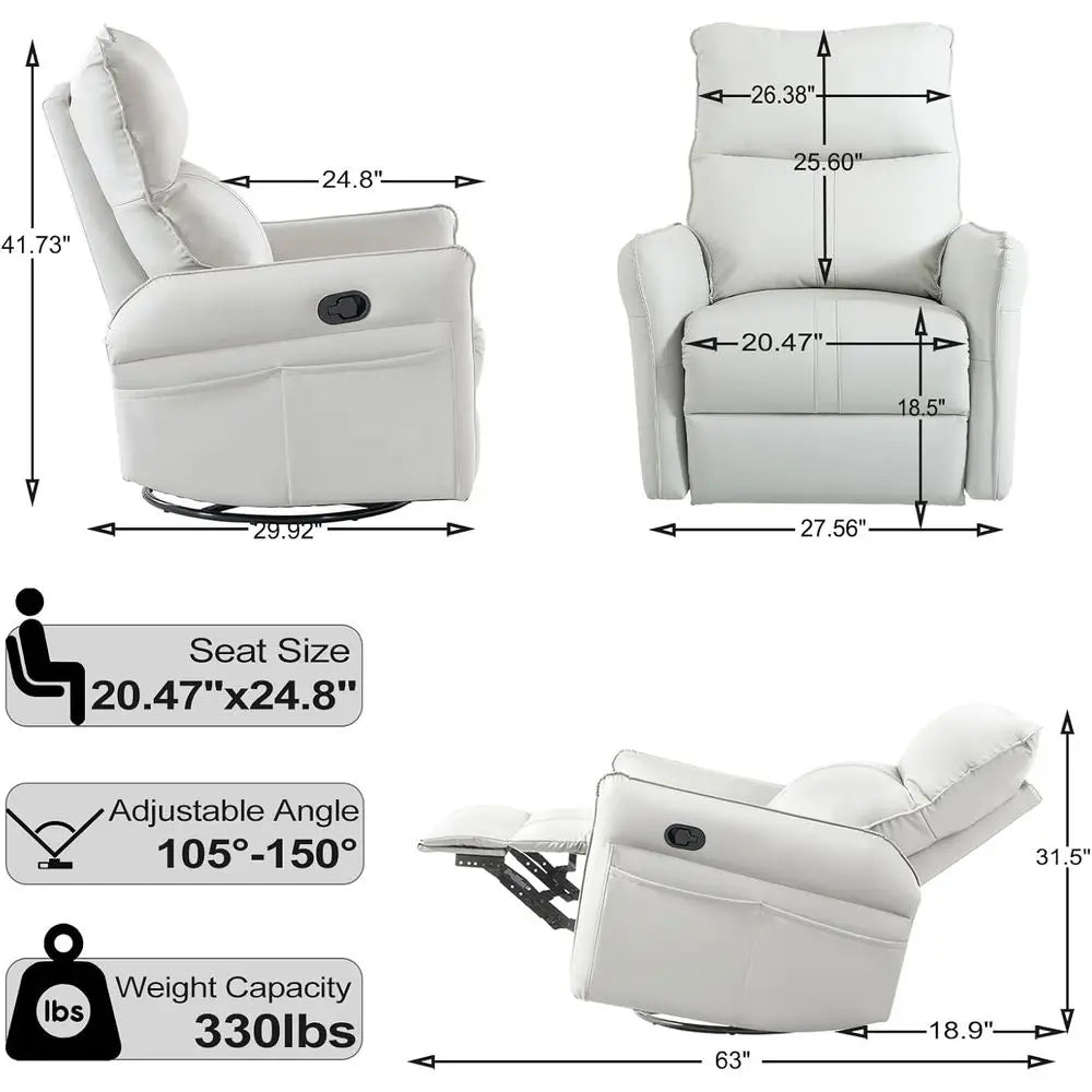 Swivel Rocker Recliner Chairs for Adults - Small Faux Leather Manual Recliners with Overstuffed Comfort for Living Room