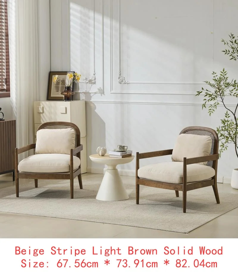 Set of 2 Mid-Century Modern Accent Chairs with Walnut Finish Solid Wood Frame and Rattan Backrest, Beige Cushions with Striped