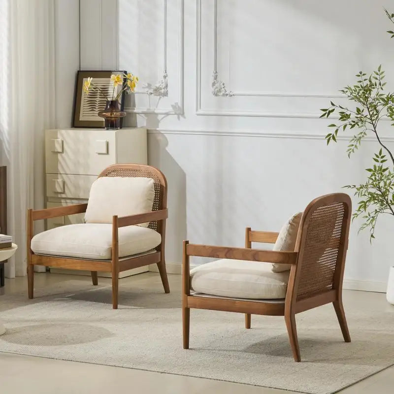 Set of 2 Mid-Century Modern Accent Chairs with Walnut Finish Solid Wood Frame and Rattan Backrest, Beige Cushions with Striped