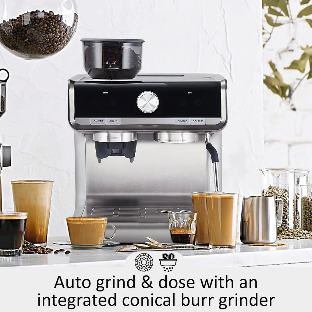 Semi-Automatic Espresso Machine with Grinder, 20 Bar, Milk Frother, 95-Oz Tank, PID Temp Control, Silver