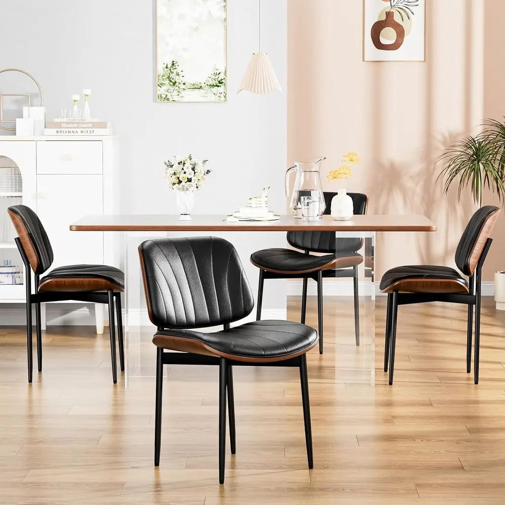 Set of 4 Modern Dining Chairs, Upholstered in Black PU Leather, Walnut and Metal Legs Accent Chairs for Kitchen and Dining Room