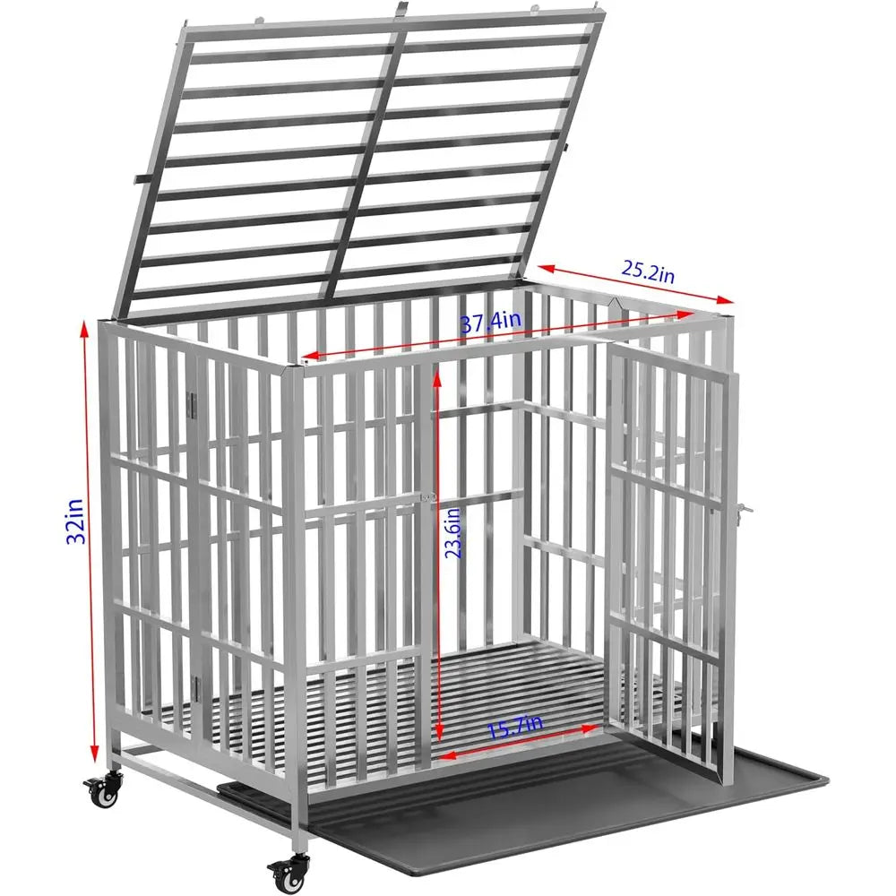 Stainless Steel Heavy Duty Dog Cage, Collapsible Metal Kennel Crate for Medium to Large Dogs, Easy Assembly Pet Pen with Lockabl