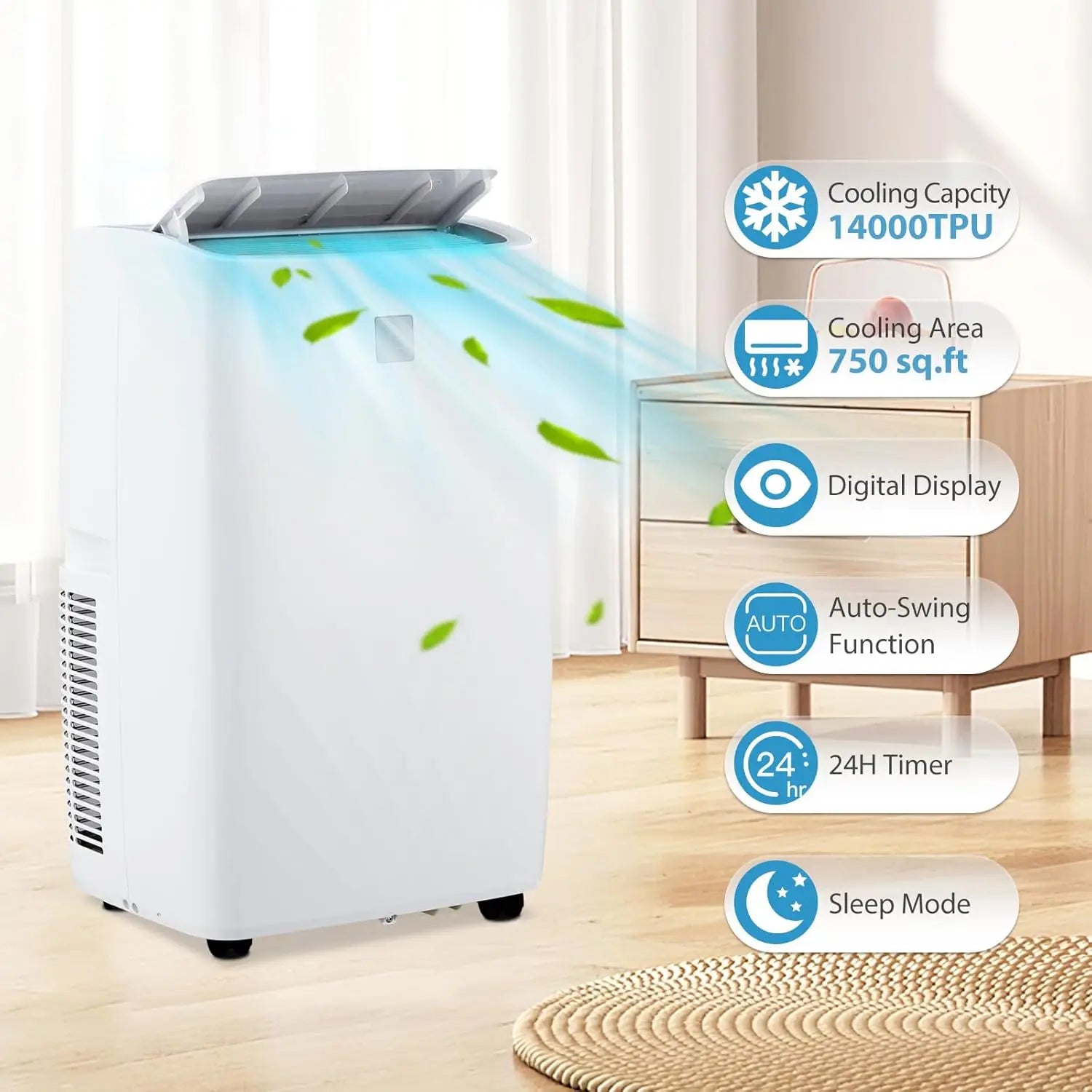 14,000 BTU Portable Air Conditioner - Smart Control Quiet 48dB 3-Speed Fan Dehumidifier 24-Hour Timer for 750 Sq. Ft.