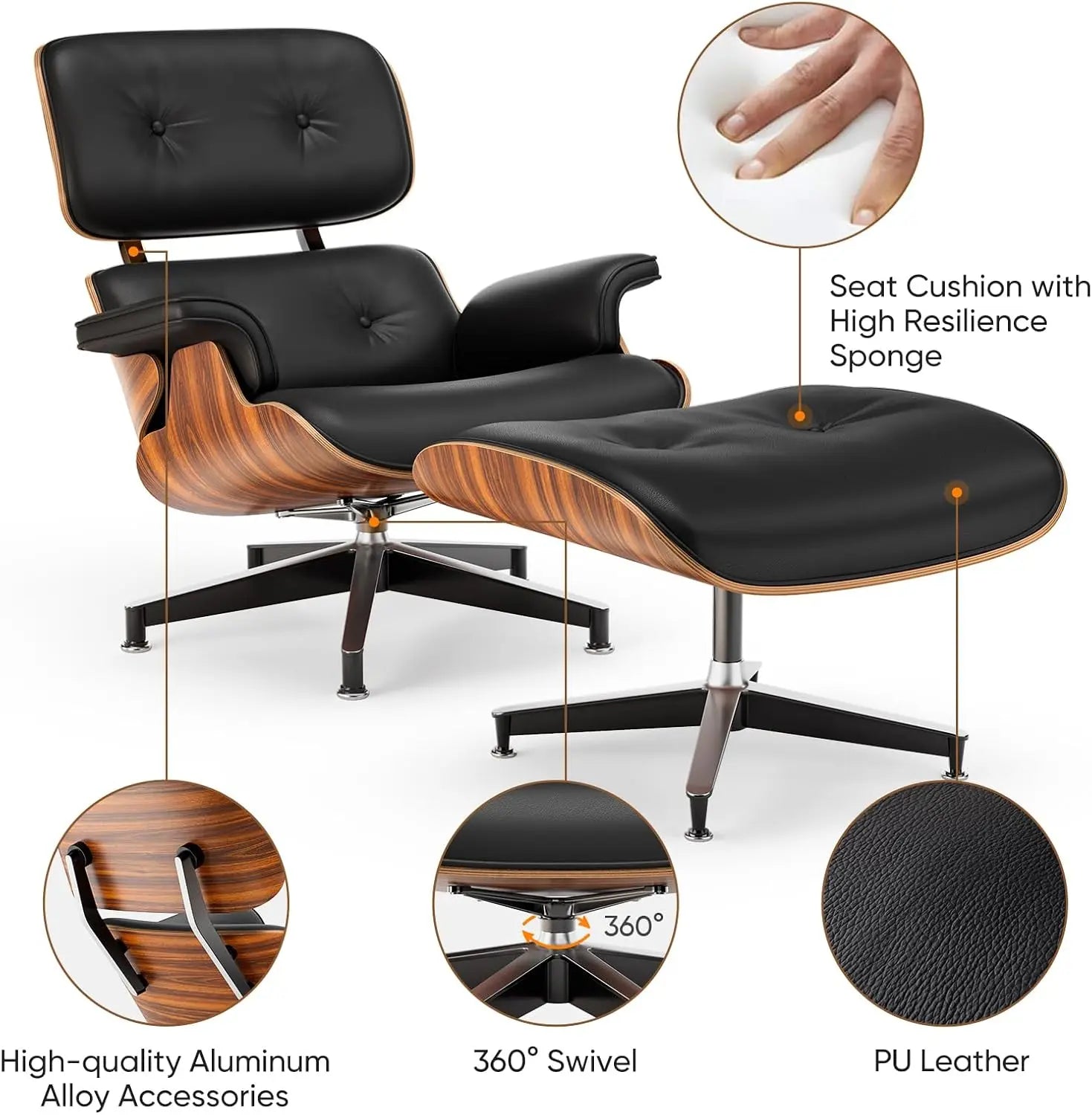 Top Black PU Leather, Mid Century Chaise Lounge Chair and Ottoman, Modern Chair Classic Design, Palisander Wood, Heavy Duty