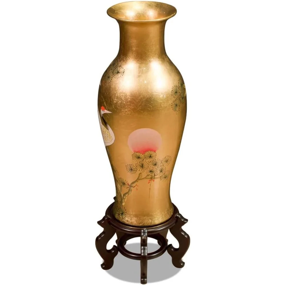 China Furniture Online 24 Inch Gold Leaf Longevity Cranes Oriental Vase