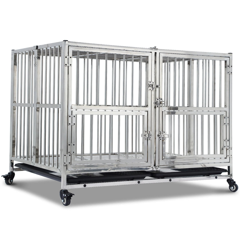 48" Heavy Duty Dog Crate Cage Kennel with Wheels, Full Stainless Steel High Anxiety Indestructible Dog Crate,Sturdy Locks Design