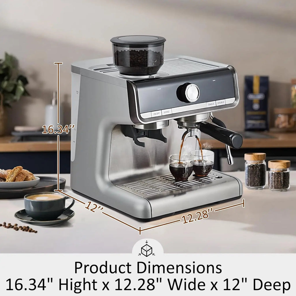 Semi-Automatic Espresso Machine with Grinder, 20 Bar, Milk Frother, 95-Oz Tank, PID Temp Control, Silver