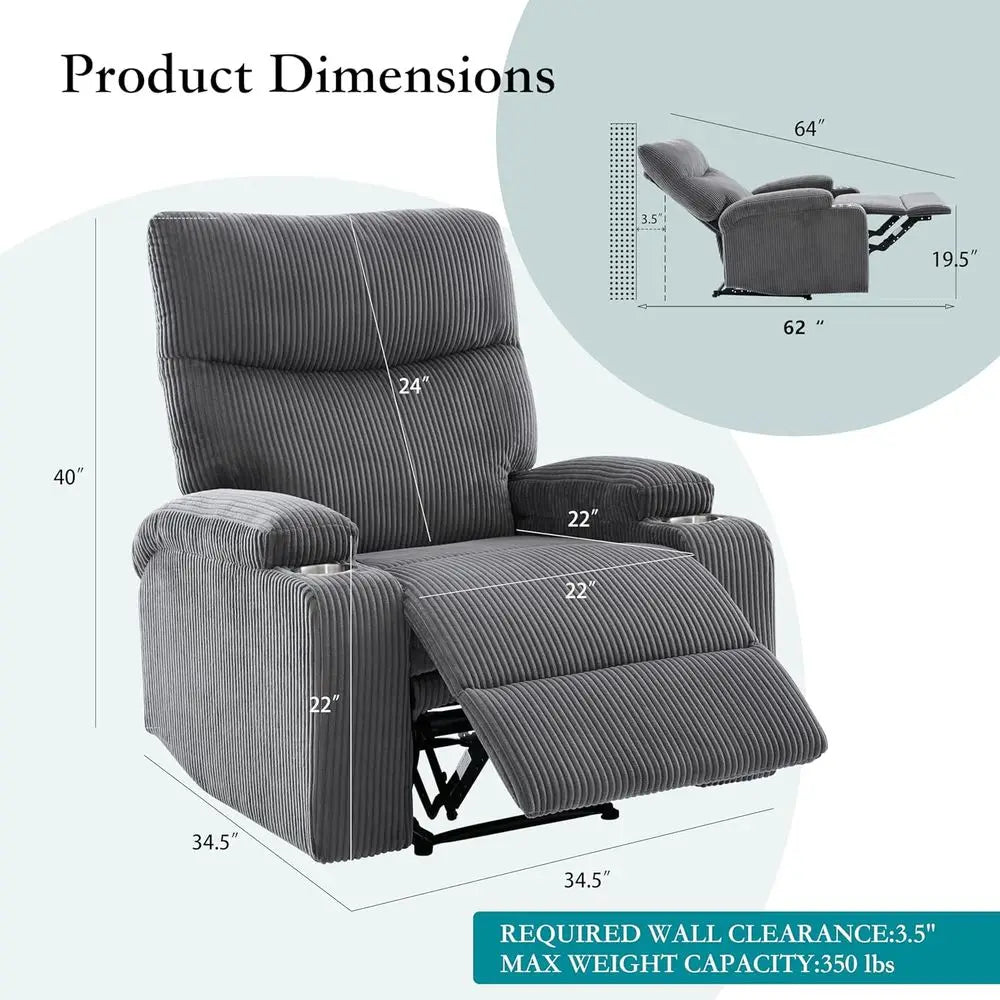 Oversized Grey Corduroy Recliner Chair with Pull Ring, 3-Position 140° Recline for Living Room, Nursery, RV, and Office