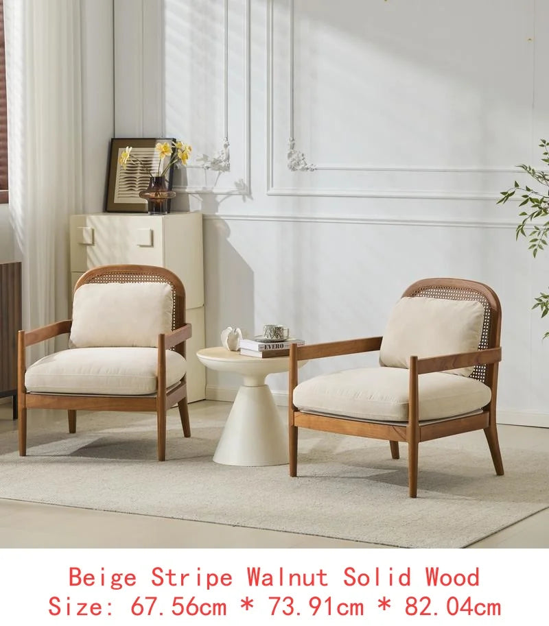 Set of 2 Mid-Century Modern Accent Chairs with Walnut Finish Solid Wood Frame and Rattan Backrest, Beige Cushions with Striped