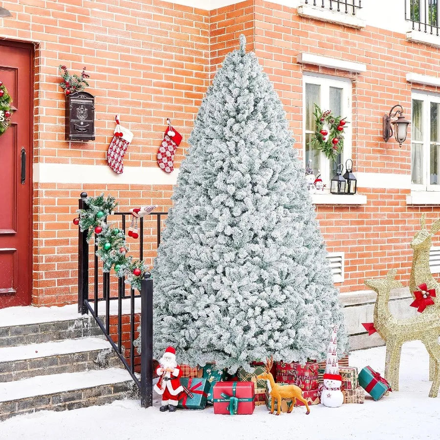 9ft Premium Snow Flocked Hinged Artificial Christmas Fake Spruce Full Tree for Home Office Party Decoration with 2108 Branches
