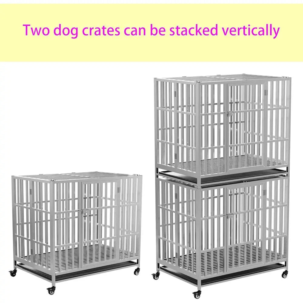 Stainless Steel Heavy Duty Dog Cage, Collapsible Metal Kennel Crate for Medium to Large Dogs, Easy Assembly Pet Pen with Lockabl