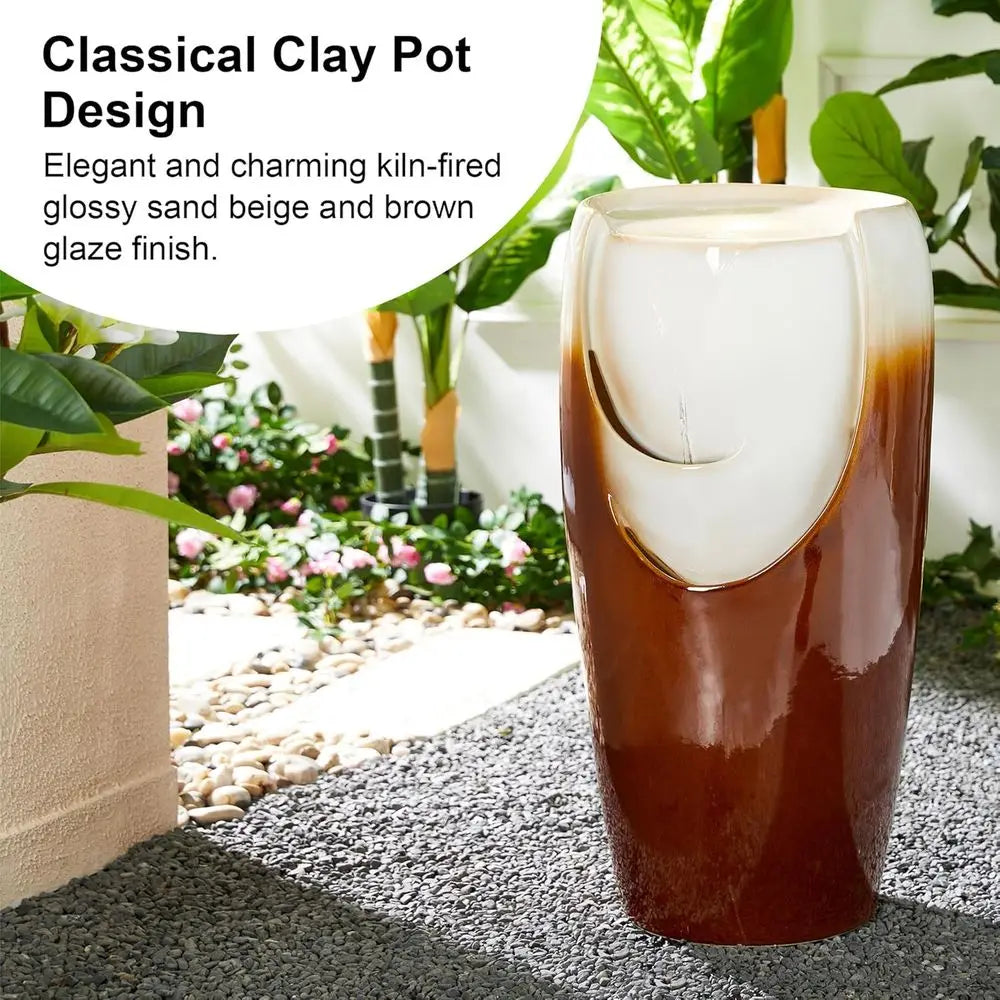 Outdoor Tall Sand Beige Ceramic Vase Fountain with LED Light and Pump for Patio Garden Decor