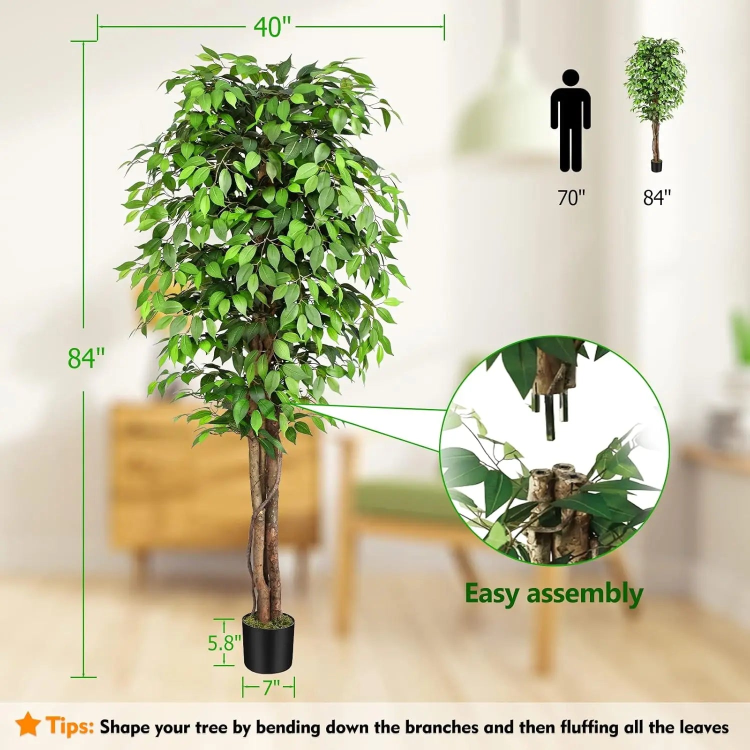 7ft Large Ficus Artificial Trees with Natural Curved Trunks, 84" Tall Lush Faux Tree for Home Decor Indoor, Green Lifelike Fake