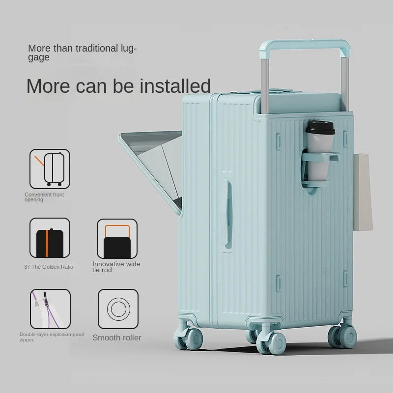 New Wide Tie Rod Luggage Front Opening Laptop Bag Multifunctional Travel Suitcases 20 inch Cabin Bag 24-30''Large Size Suitcases