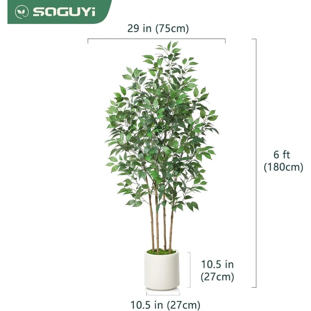 6ft Artificial Ficus Tree Fake Silk Plant for Home Office Decor Indoor Floor Plant in White Pot with Green Moss
