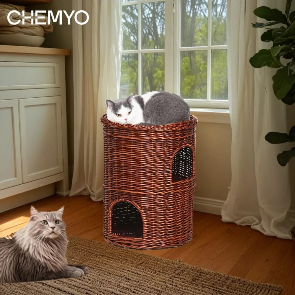 Indoor Willow Wicker Cat Tower with 2-Level Beds, Play and Sleep Furniture for Kittens, 42x42cm Pet Den and Cozy Bed