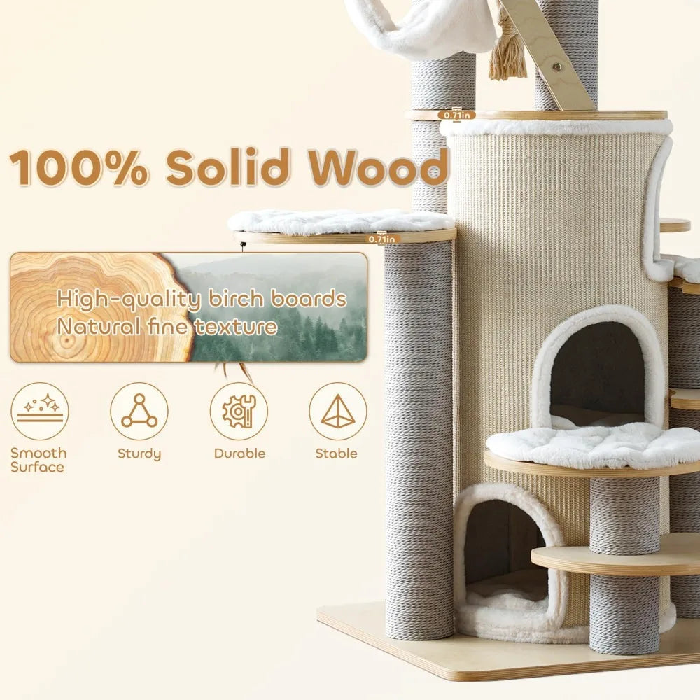 63'' Castle Large Cat Tree for Maine Coon,Modern Solid Wood Cat Tower for Indoor Cats Adults,Multi-Level Heavy Duty Luxury Cat C