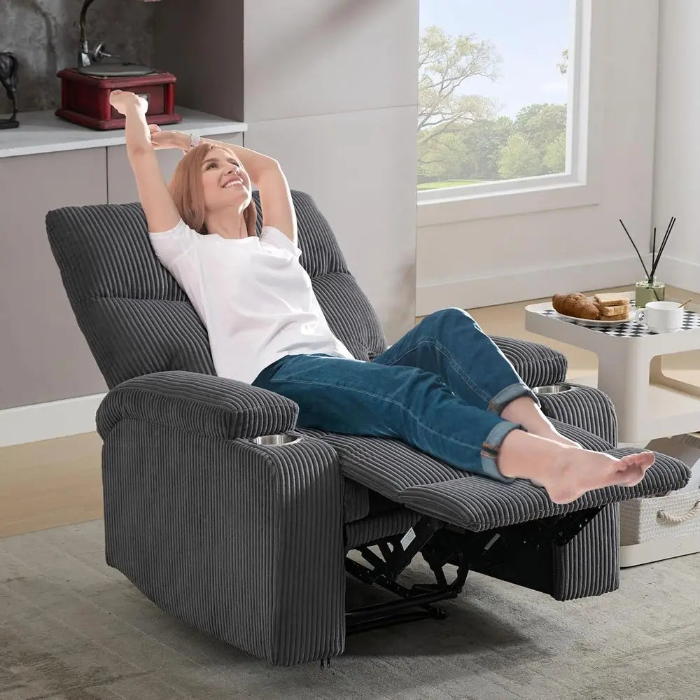 Oversized Grey Corduroy Recliner Chair with Pull Ring, 3-Position 140° Recline for Living Room, Nursery, RV, and Office