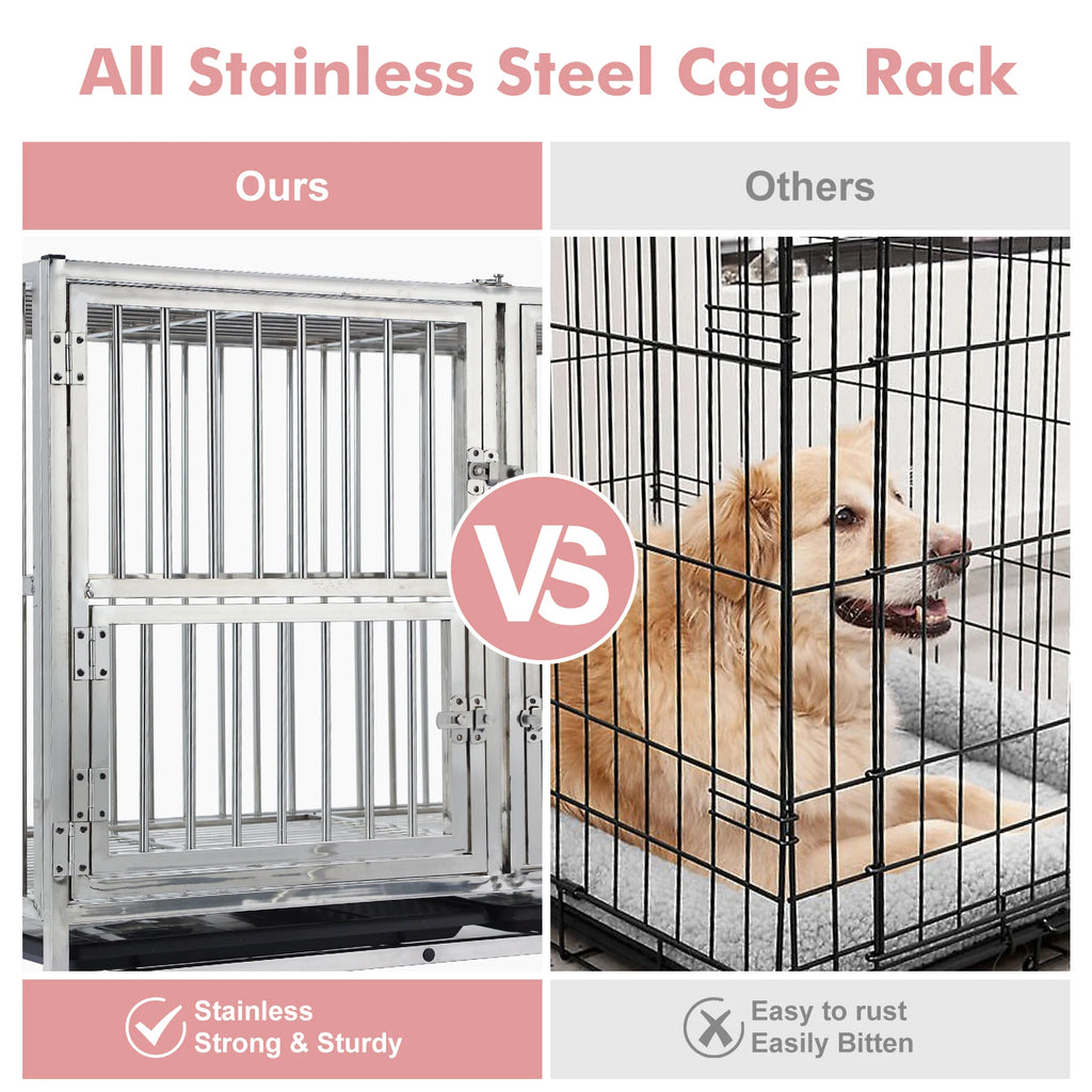 48" Heavy Duty Dog Crate Cage Kennel with Wheels, Full Stainless Steel High Anxiety Indestructible Dog Crate,Sturdy Locks Design