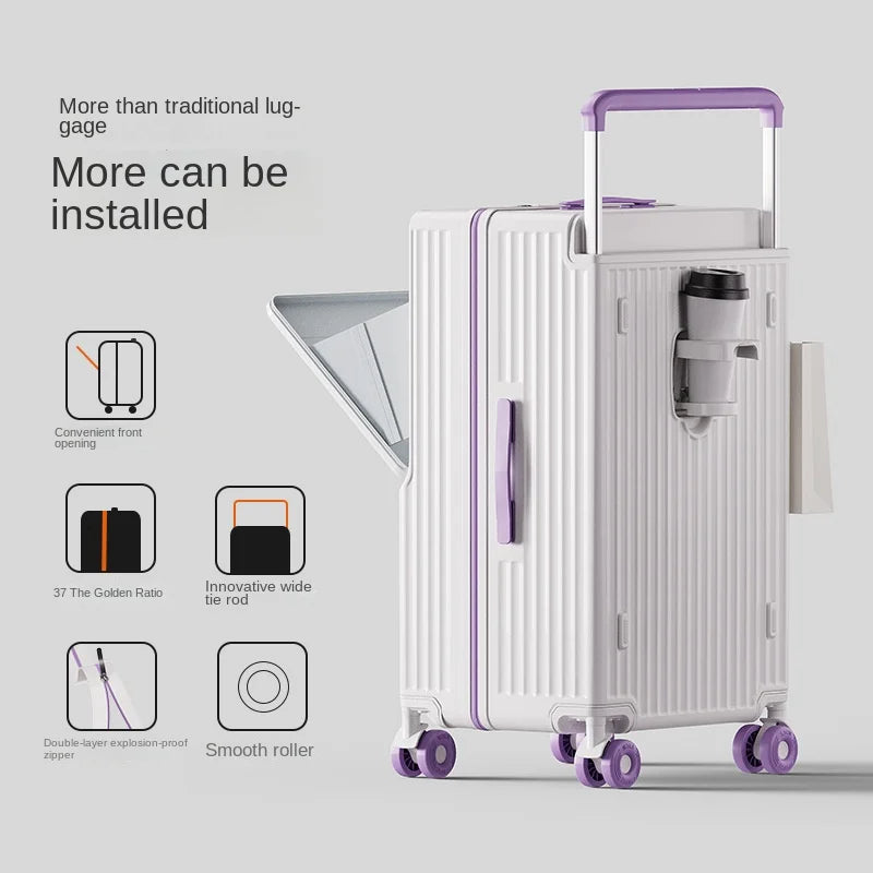 New Wide Tie Rod Luggage Front Opening Laptop Bag Multifunctional Travel Suitcases 20 inch Cabin Bag 24-30''Large Size Suitcases
