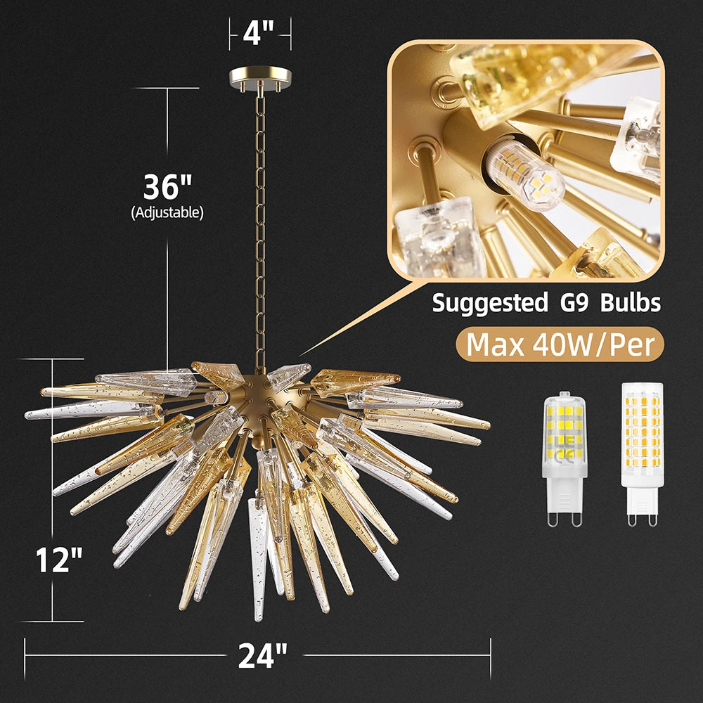 Longree Crystal Sputnik Chandeliers Table Top Kitchen 6-Lights Murano Glass Golden Hanging Pendant Light for Foyer Living Room