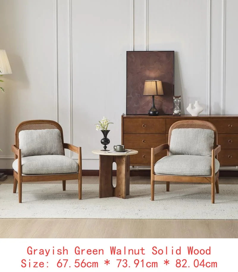 Set of 2 Mid-Century Modern Accent Chairs with Walnut Finish Solid Wood Frame and Rattan Backrest, Beige Cushions with Striped