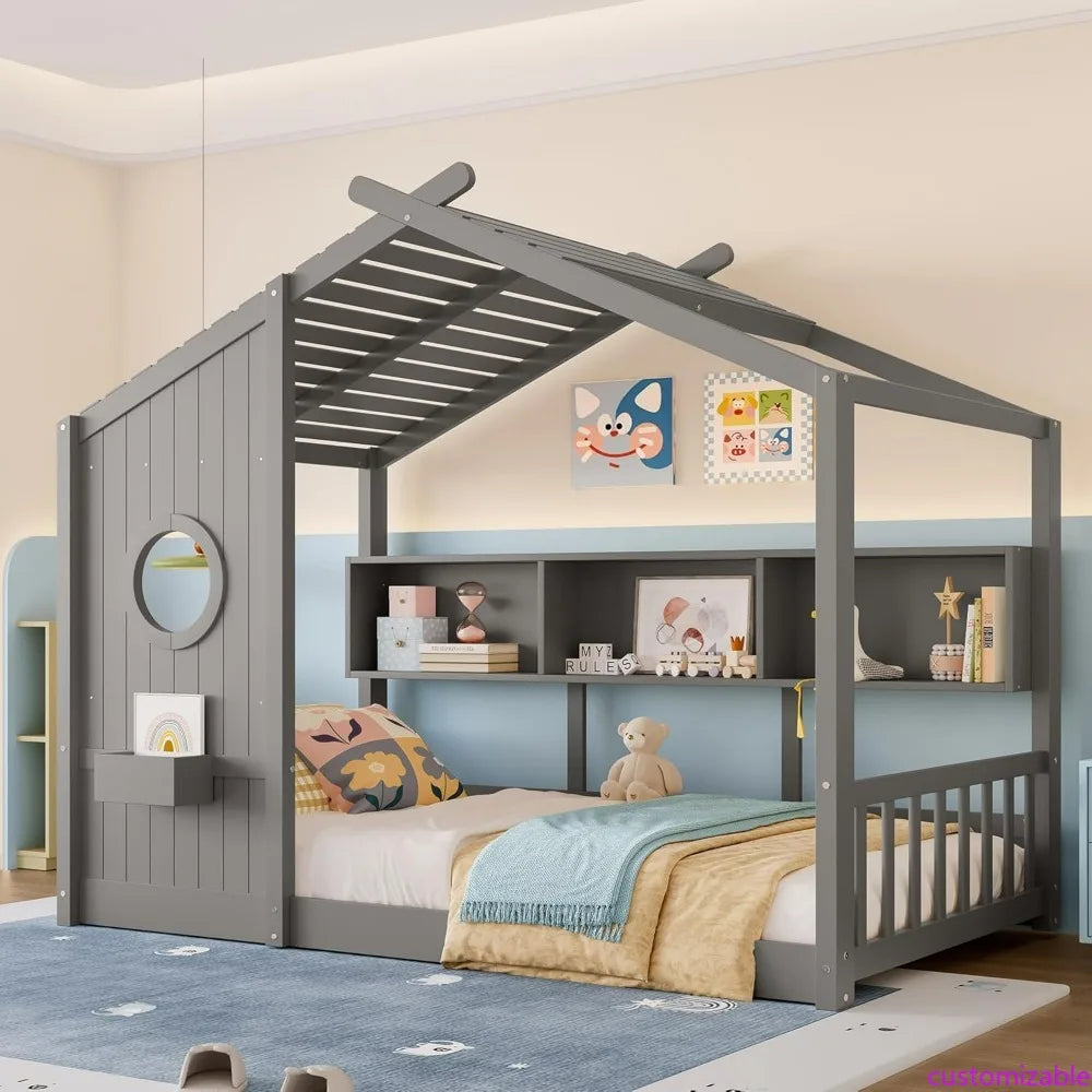 Twin-Sized Storage-Friendly Kids' Montessori Bed with Wooden House Frame and Roof for Girls