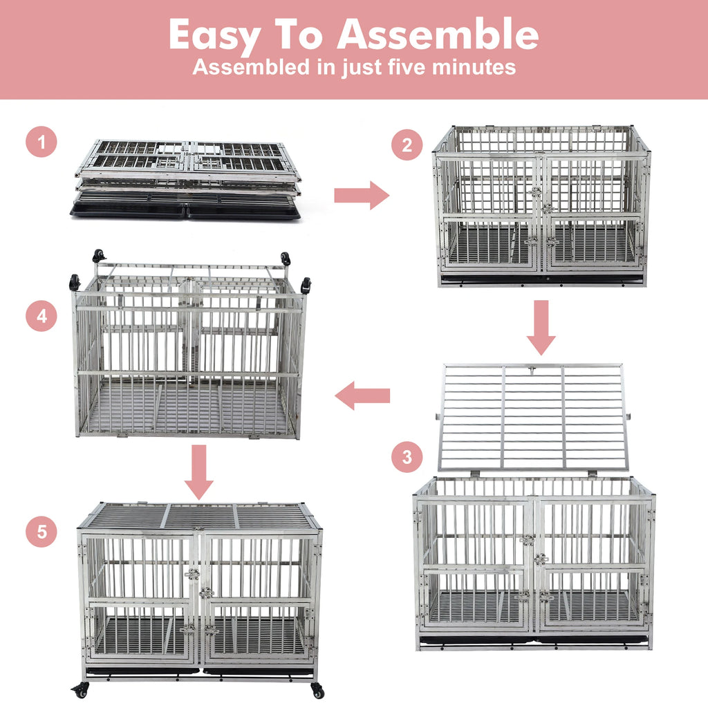 48" Heavy Duty Dog Crate Cage Kennel with Wheels, Full Stainless Steel High Anxiety Indestructible Dog Crate,Sturdy Locks Design